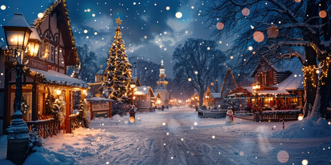 Christmas town or village with Snow Winter Village Landscape. Christmas Holidays