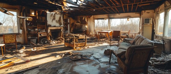 Destroyed home with burned roof beams and furniture