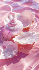 Pink irridescent sea shells in glistening shallow water with pink hues and sunlight 