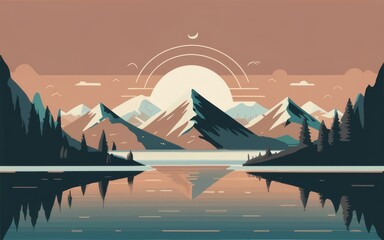 A tranquil mountain lake scene with minimalistic design, using sleek lines and muted colors for a calming atmosphere.