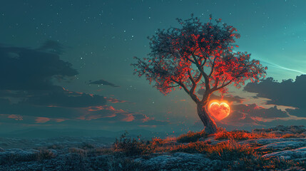 A tree on the background of the moon with a heart