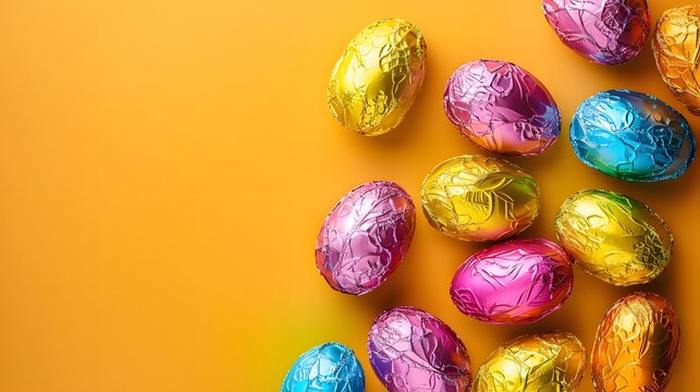 Colourful chocolate easter eggs wrapped in foil with copy space,