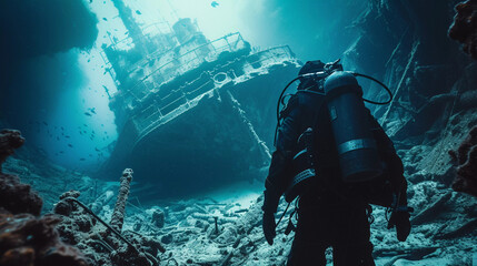 Scuba diver explores a shipwreck teeming with fish in the deep blue sea