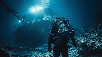Scuba diver explores a shipwreck teeming with fish in the deep blue sea