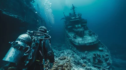 Poster Scuba diver explores a shipwreck teeming with fish in the deep blue sea © NUTTAWAT
