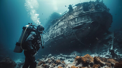 Scuba diver explores a shipwreck teeming with fish in the deep blue sea - obrazy, fototapety, plakaty