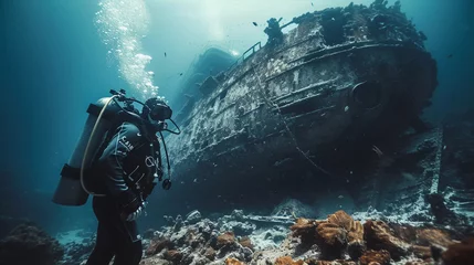 Rolgordijnen Scuba diver explores a shipwreck teeming with fish in the deep blue sea © NUTTAWAT