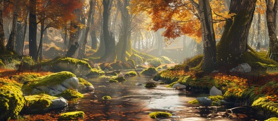 Autumn forest stream with moss.