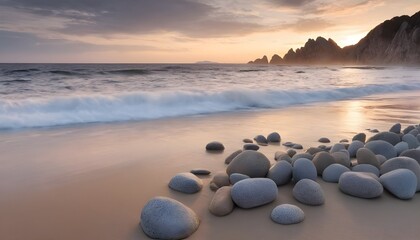 Fototapeta na wymiar evening beach view with rocks and waves brushing the sand