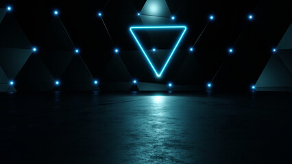 3D rendering creates abstract glowing neon triangles in a dark room