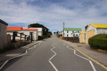 Fototapeta na wymiar Street scene in Stanley, aka Port Stanley, the capital of the Falkland Islands.