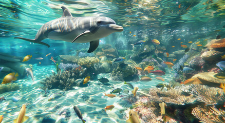 Naklejka na ściany i meble dolphins and fish in shallow water