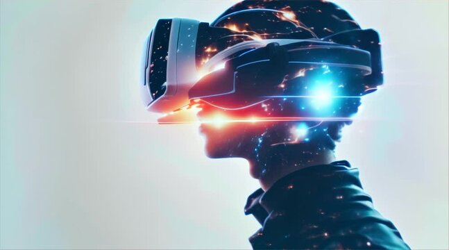 person in VR headset double exposure with space metaverse