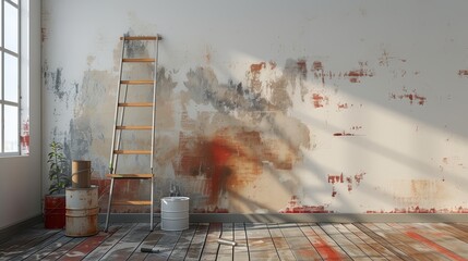 An unfinished wall being prepped for renovation with tools and paint - obrazy, fototapety, plakaty