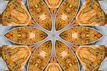  kaleidoscope of a platter with Valencian paella,  abstract composition of geometric figures forming a kaleidoscopic arrangement,