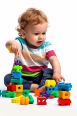 Young child engaged in play with bright multicolored building blocks.