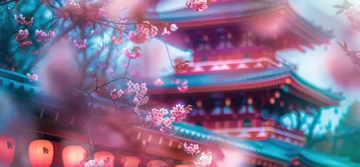Gordijnen a Japanese pagoda landscape with cherry blossoms © Kien