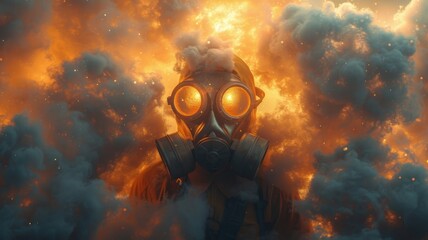 Gas mask Fire Clouds - Man in Gas mask surrounded by vivid orange clouds, signifying the exploration of unknown realms. The diver's mask reflects the fiery environment, creating a sense of wonder. - obrazy, fototapety, plakaty
