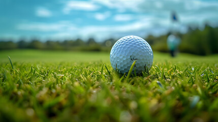 Close-up golf ball on the field, golf ball on green grass