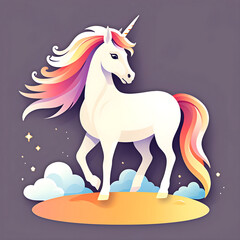 adorable cute cartoon sticker art design of a beautiful elegant white unicorn with colorful mane and tail