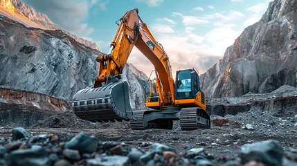 Foto op Canvas Panoramic image of yellow excavator in a mine at sunrise in the morning. © MINHO