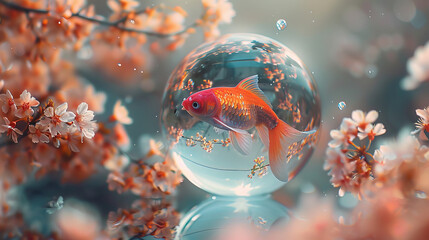 Discover the enchantment of a fish-shaped tree encased in a sphere. A whimsical fusion of nature and art, a unique addition to your décor, bringing joy and wonder in a compact form. - obrazy, fototapety, plakaty