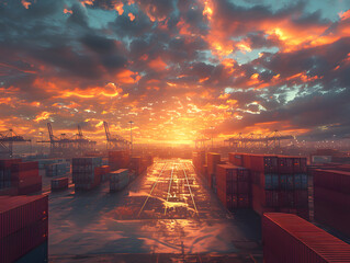 A red container sits in a shipping yard with a beautiful sunset in the background.