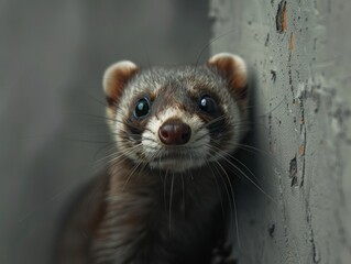 Fototapeta premium Curious Ferret Peeking, Light Grey Blur for Minimalist Elegance