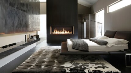 Cozy Bedroom with Wall-Mounted Fireplace and Plush Area Rug