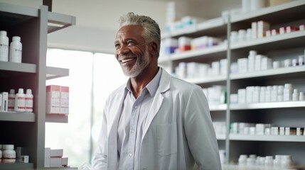 A professional happy confident black senior male medical worker, pharmacist works in a pharmacy. Health Care, Profession, Health and Youth products concepts.