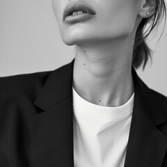 a monochrome t-shirt layered under a tailored blazer, epitomizing sophisticated urban chic