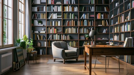Minimalistic Living Room with Floor-to-Ceiling Bookshelves AI Generated.