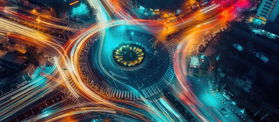 Nighttime aerial view of a busy roundabout intersection with fast-moving traffic. Urban circular crossroads with blurred car lights during rush hour. - obrazy, fototapety, plakaty