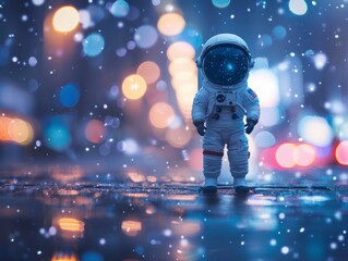 Fototapeta na wymiar Infinity is the theme as a Little Astronaut stands Ready for Space against a Deep Blue Blur
