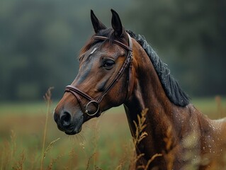 Fototapeta premium Elegance is captured in the Profile of a Noble Horse against a Subdued Olive Green Background