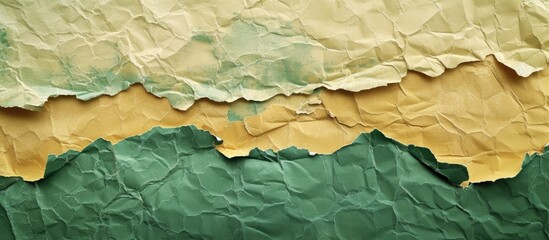 Textured torn paper with green, yellow, and beige shades, providing copyspace and intricate details.