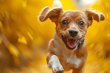 A Vibrant Yellow Blur backdrop enhances the Cheerfulness of a Playful Beagle Puppy with Floppy Ears