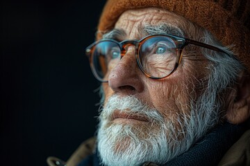 A Silver Background frames the Wisdom of a Reflective Senior Man sharing Life Stories