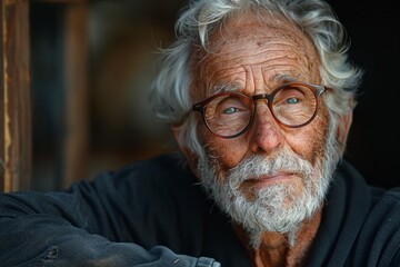 The Wisdom of a Reflective Senior Man, surrounded by Life Stories, is underscored by a Silver Background