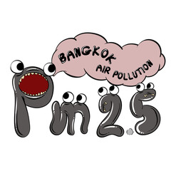 Pm 2.5 cartoon. on white background. Bangkok Air pollution concept. Hand drawn. Vector illustration.