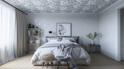 Minimalist Bedroom with Statement Ceiling Wallpaper
