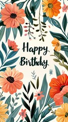 Happy birthday on background with flowers. water colors style.