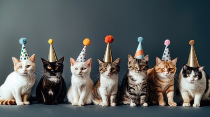 A series of adorable cats partaking in birthday festivities, each donning a unique party hat, positioned above a sweet "Happy Birthday" greeting