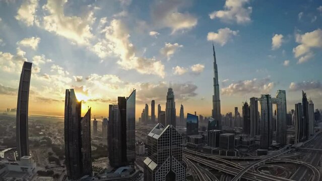 Fisheye View of Dubai Skyline at Sunrise _ Dubai, UAE