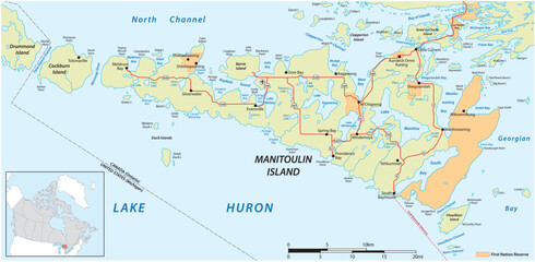 Naklejka premium Vector map of the Canadian island of Manitoulin in Lake Huron, Ontario, Canada