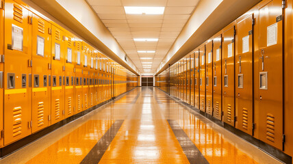 A long, brightly-lit hallway lined with rows of vibrant orange lockers, reflecting the structured environment of an educational institution