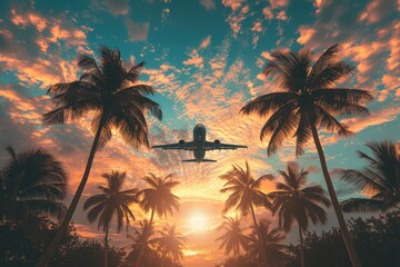 an airplane soaring above palm trees in a clear sunset sky, adorned with sun rays. This concept captures the essence of travel, vacation, and air transport against a beautiful and vibrant sky