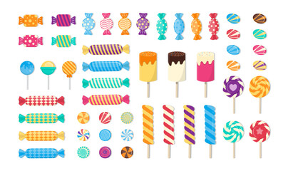 Candies and Sweets Vector Collection. Set of Colorful Candies, Lollipops, Sugar Caramel, and Twisted Marshmallows.