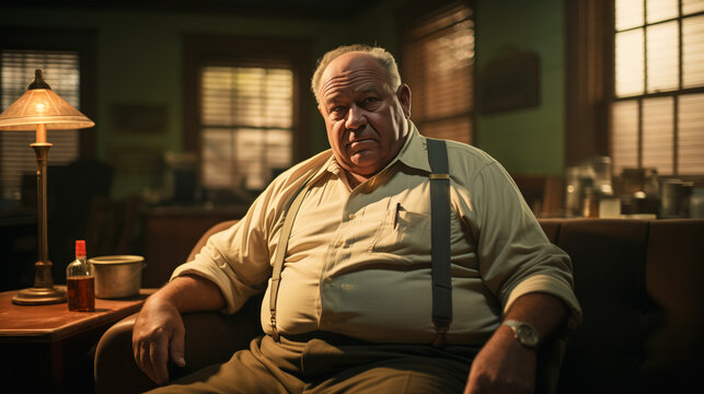 Portrait Of An Overweight Elderly Man In His Office, Early Evening, Windows Closed With Blinds, Looking At The Camera, 30s Style.