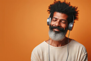 An African American middle aged man with a beard wearing headphones happy enjoying an audition, on an orange background in casual clothes - Powered by Adobe